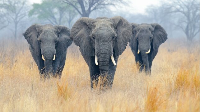 Three african bush elephants walking toward camera across dusty savanna landscape, majestic wildlife scene with powerful herd presence, natural habitat in warm golden light, iconic african safari anim