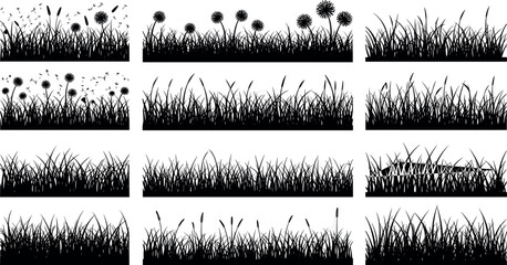 Grass and Flower Border Illustration Set with Silhouettes for Nature, Garden, and Landscape Designs © MdMehedi