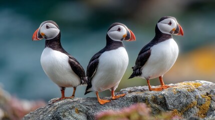 Fototapeta premium puffin, seabird, bird, wildlife, nature, ocean, coast, coastal, rock, cliff, marine, habitat, atlantic, arctic, fratercula, arctica, beak, colorful, plumage, black, white, orange, trio, group, standin