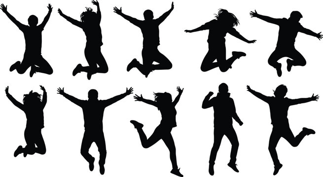 Set of diverse black human silhouettes joyfully jumping and celebrating success