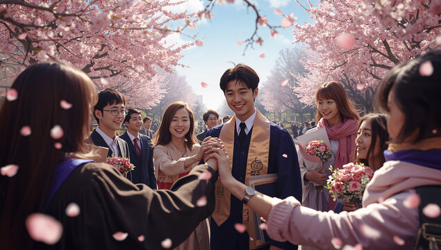 桜の下で変わらない友情を誓う多文化の友人たちの卒業後の約束
