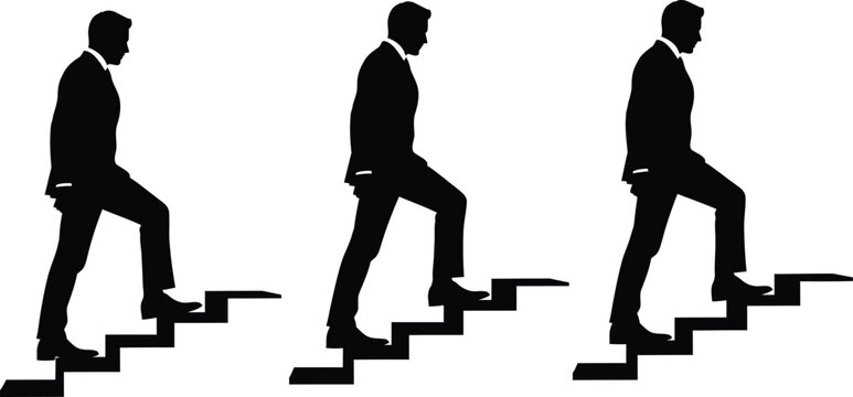 Black silhouette businessmen climbing stairs on minimal white background