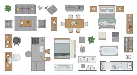 Top down view of various furniture and room layouts. © Payah