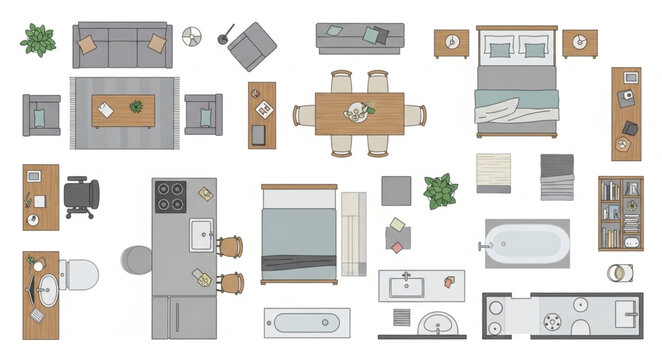 Top down view of various furniture and room layouts.