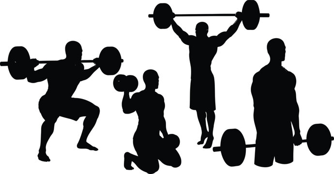Men working out with weights silhouette collection on white background, collection