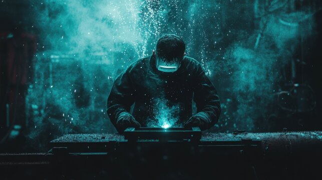 Industrial Worker Welding in Dim Light with Blue Sparks Flying
