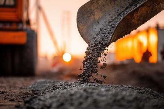 Wet concrete being poured from a chute onto a construction site at sunset