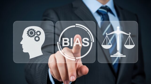 Businessman pointing at a virtual screen with Bias text and icons of a human brain gears and a scale of justice representing cognitive bias and fairness