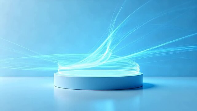Blue cylindrical display podium surrounded by bright light rays on gradient background