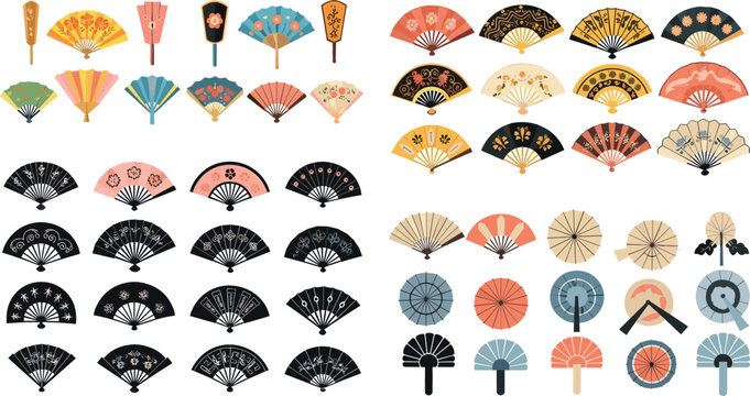 Traditional Japanese Fan Icon Set with Various Designs, Colors, and Patterns for Cultural, Festival, and Decorative Designs