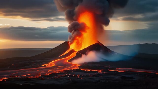 Active Volcano Eruption With Lava Flow At Sunset