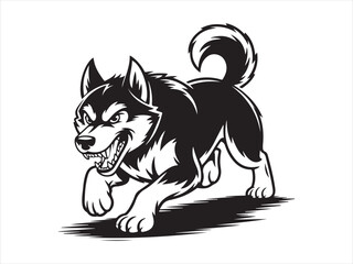 A aggressive military dog leaping in attack black silhouette vector illustration, fierce husky canine logo design © Chan