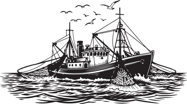 Fishing boat, tugboat, nautical icon, black and white vector, sea vessel