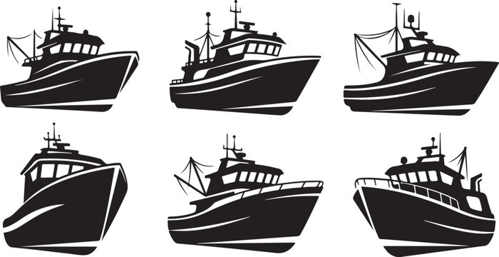 Fishing boat icons, boat silhouettes, vector ships, nautical graphics, black and white fleet