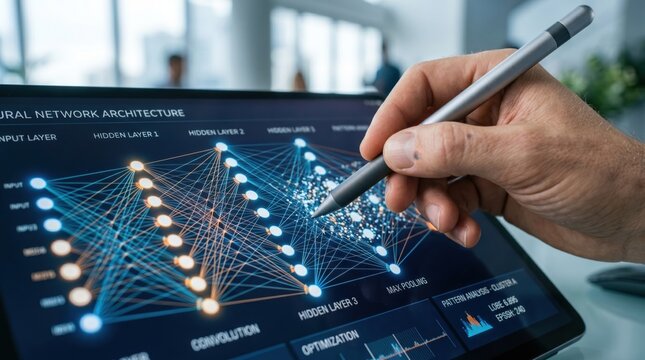 Close-up of a hand using a stylus to interact with a neural network architecture visualization on a tablet screen, representing AI and machine learning.