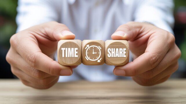 Hands holding wooden blocks with 'TIME' and 'SHARE' text and a clock icon, concept of timeshare or time sharing.