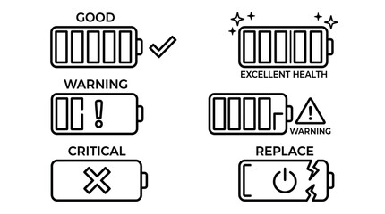 Obraz premium Battery Status Icons Good, Warning, Critical, and Replace indicators