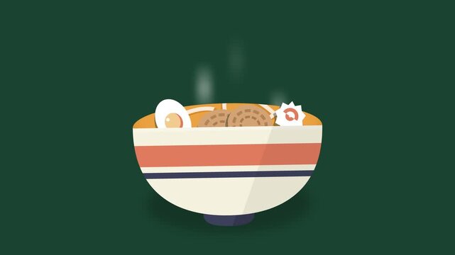 Hot Steaming Bowl of Japanese Ramen Noodle Soup Flat Vector Illustration