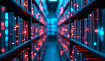 Fototapeta premium Digital library with glowing data on shelves.
