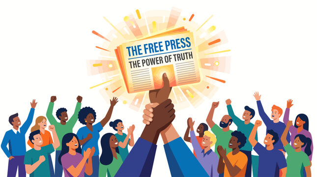 hands holding up a glowing newspaper above a crowd of diverse people