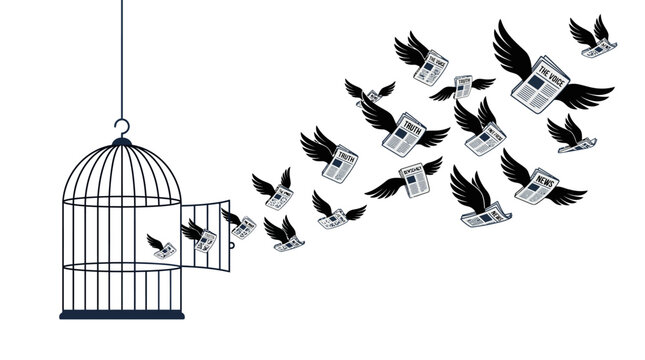 An open birdcage from which a flock of newspapers with wings is flying free
