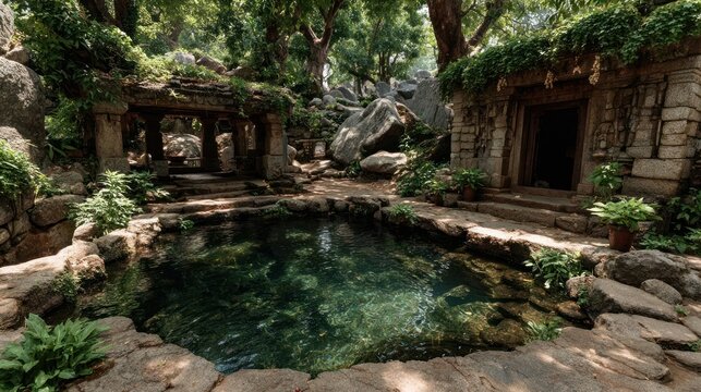 Serene ancient stone structures nestled amidst lush greenery surround a tranquil natural pool