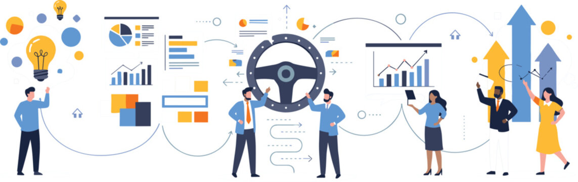 Business strategy workflow illustration with analytics, planning and growth concept, flat vector showing teamwork, data charts, innovation and corporate success process