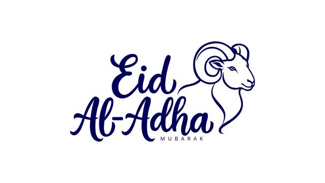 Eid Al Adha mubarak text animated with sheep isolated in white, The holiday occurs after the culmination of the annual Hajj. Feast of the Sacrifice