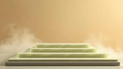 Obraz premium Minimalist stage setup. Light green platforms rise from smoky base. Warm beige backdrop creates soft presentation space.