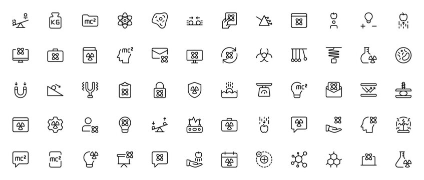 Science_9705 icon set. Minimalist science vector icons pack. Includes symbols for physics, experiment, research, medical lab, cells, measurement, virus and more.