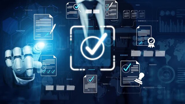 Futuristic Businessman Using Robot Arm to Validate Documents in a Digital Interface with Graphs and Charts for Cybersecurity and Data Protection Sigmoid