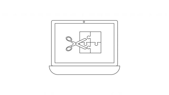 Laptop screen displays scissors cutting puzzle pieces concept.