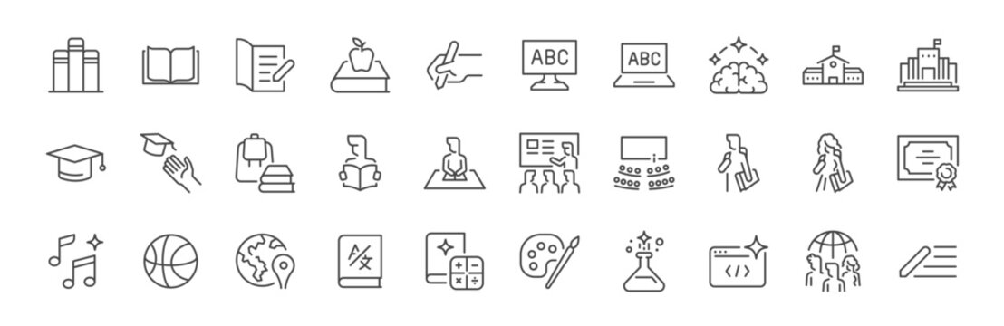 School icon set. It includes education, class, knowledge, lesson, study, and more icons. Editable Vector Stroke.