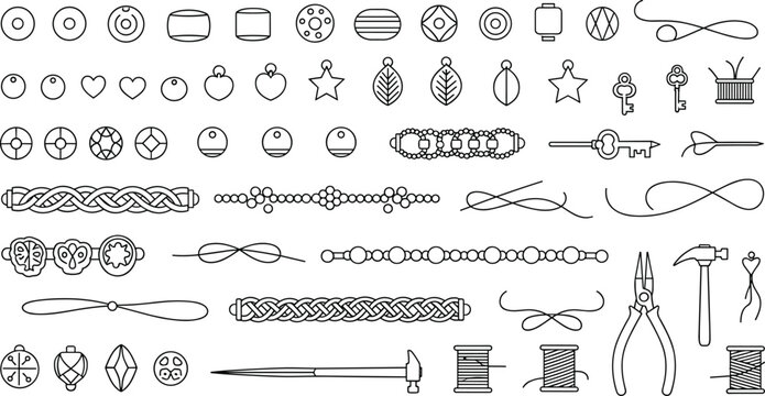 Handcrafted jewelry outline elements with bead charms and bracelet decoration vector illustration set