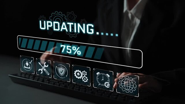 Business Professional Using Computer with Software Update Progress Bar on Dark Background for Technology and Innovation Concepts in Digital Workspace Sigmoid