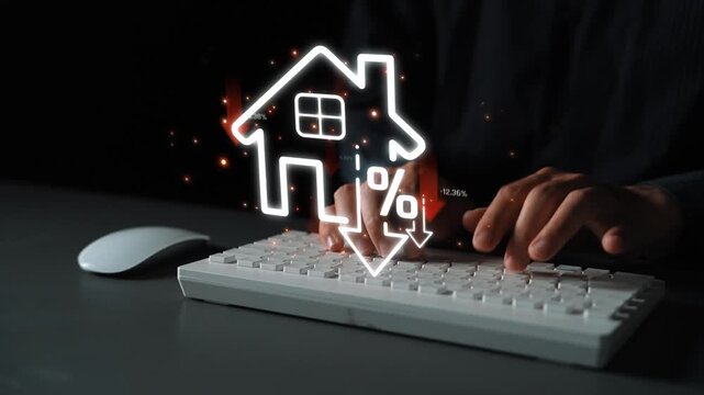 Hands Typing on Keyboard with House Icon and Percentage Decrease Graphic Representing Real Estate Market Trends and Analysis Sigmoid