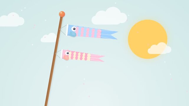 Traditional Fish Shaped Wind Socks Flying in Clear Blue Sky with Sun and Clouds Background Animation