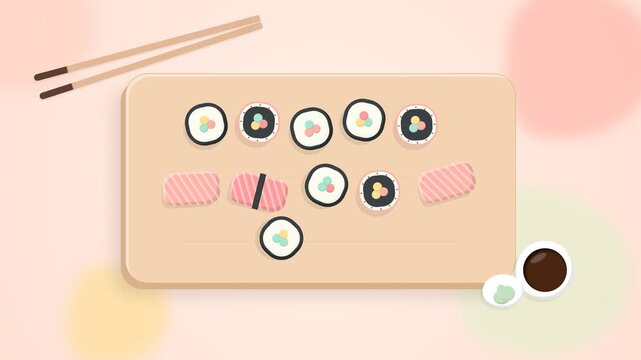 Minimalist Sushi Set Illustration with Maki Nigiri and Chopsticks on Wooden Board for Food Delivery and Restaurant Marketing