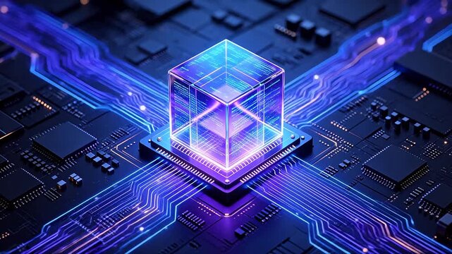 Glowing transparent cube on electronic circuit board with colorful data lines and chips