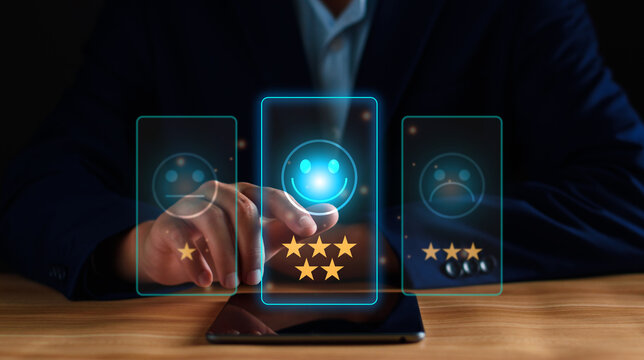 Businessman five-star icon digital tablet. excellent customer satisfaction, positive service feedback, high quality user experience, business reputation management, and successful client relationship.