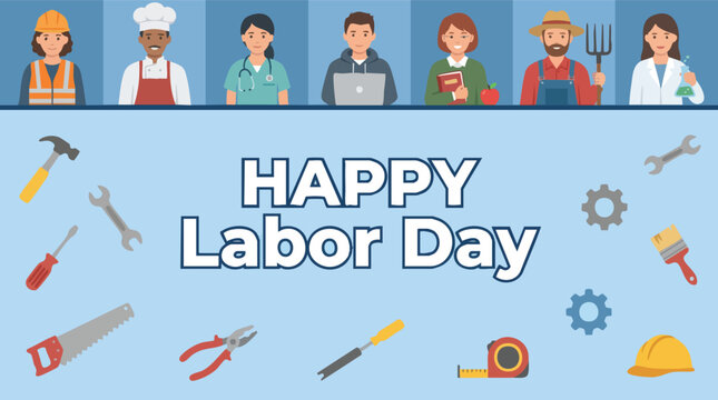 Flat illustration of diverse professionals from different industries celebrating Happy Labor Day with various work tools on a blue background.