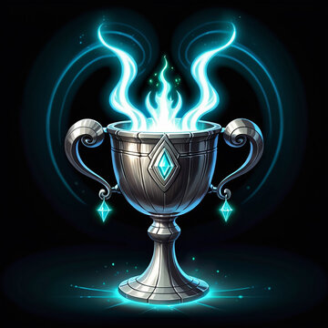Mystical silver chalice with glowing blue flames, adorned with precious gems, radiates magical energy.