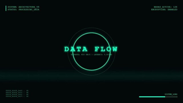 Futuristic Data Flow HUD Interface with System Architecture and Encryption Status Display.