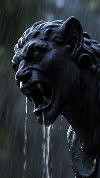 Dark gothic gargoyle statue video footage. Rainwater pouring continuously from the open mouth of a menacing stone sculpture. Cinematic architectural detail for horror backgrounds.