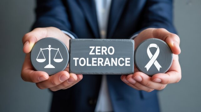 Corporate social responsibility sign showing zero tolerance with justice scale and awareness ribbon