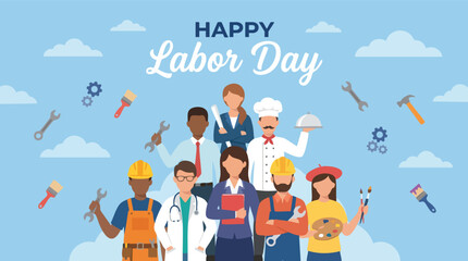 Fototapeta premium Flat vector illustration of diverse professionals celebrating Happy Labor Day with various work tools on a blue sky background.
