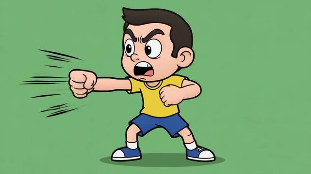 Cartoon boy in action throwing a punch against a green background