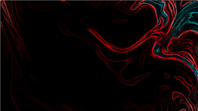 Abstract Vector glowing liquid marble texture in vibrant shades of red and cyan over the black background, showcasing liquid flow patterns.