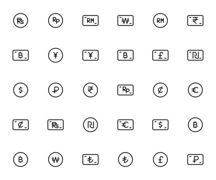 Currency icon set. Minimal line vector pack featuring Nepal, Rupiah, Dollar, Ringgit, Cash, Coin, Banknotes, Pound, Ruble, Lira and more.