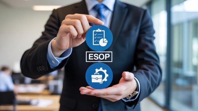 Businessman holding ESOP concept icon representing Employee Stock Ownership Plan